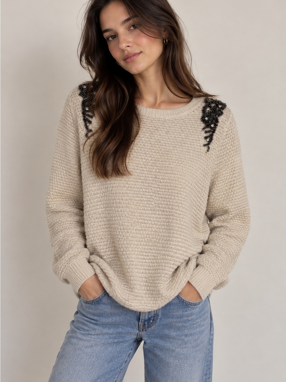Topshop Cream Crewneck Sweater with Black Bead Shoulder Detail Size 6